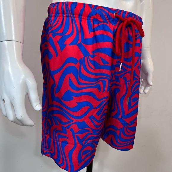 COVE, RED, LARGE BATHING SUIT/TRUNKS WITH BLUE STREAKS ALL OVER - Picture 2 of 16
